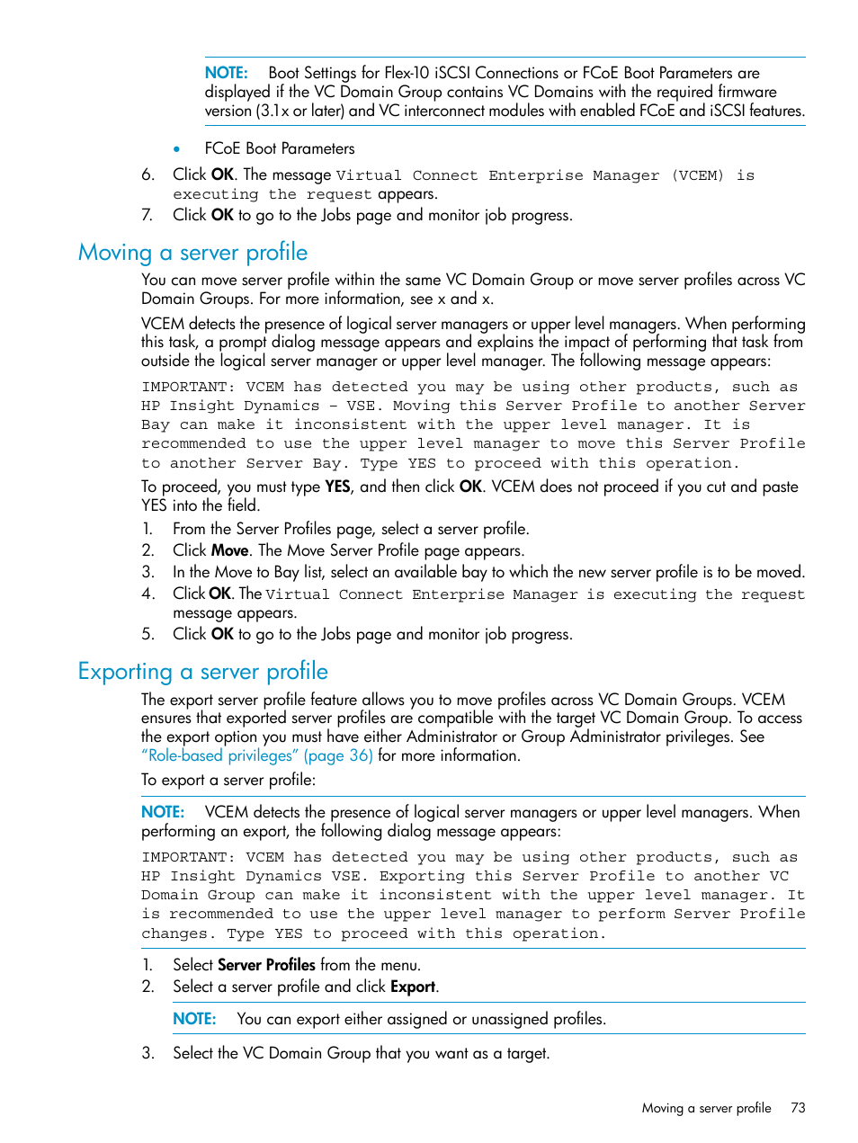 Moving a server profile, Exporting a server profile, Moving a server profile exporting a server profile | HP Virtual Connect Enterprise Manager Software User Manual | Page 73 / 136