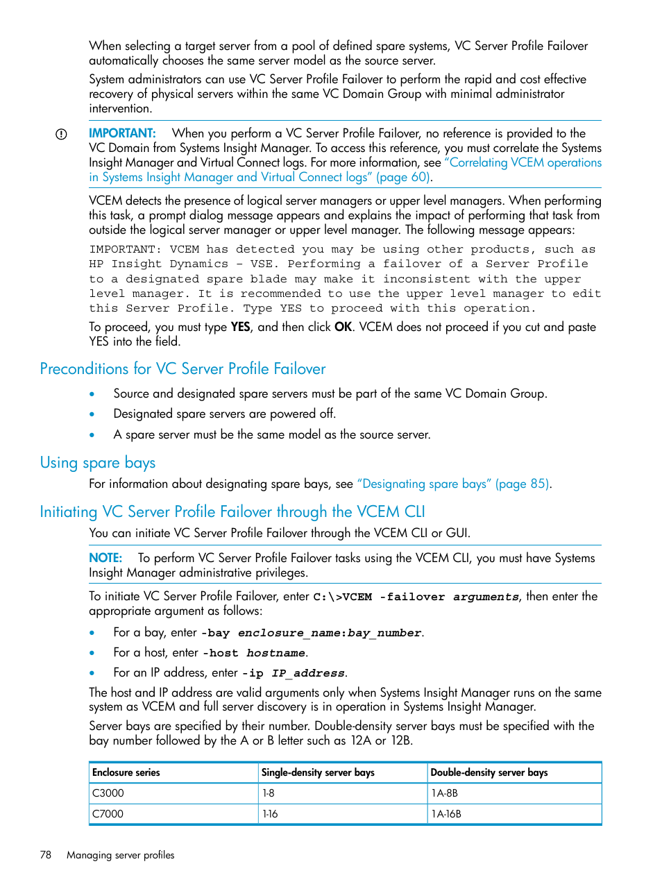 Preconditions for vc server profile failover, Using spare bays | HP Virtual Connect Enterprise Manager Software User Manual | Page 78 / 136