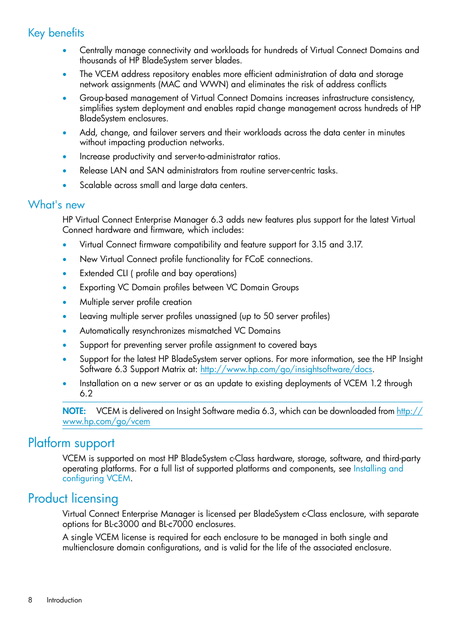 Key benefits, What's new, Platform support | Product licensing, Key benefits what's new, Platform support product licensing | HP Virtual Connect Enterprise Manager Software User Manual | Page 8 / 136