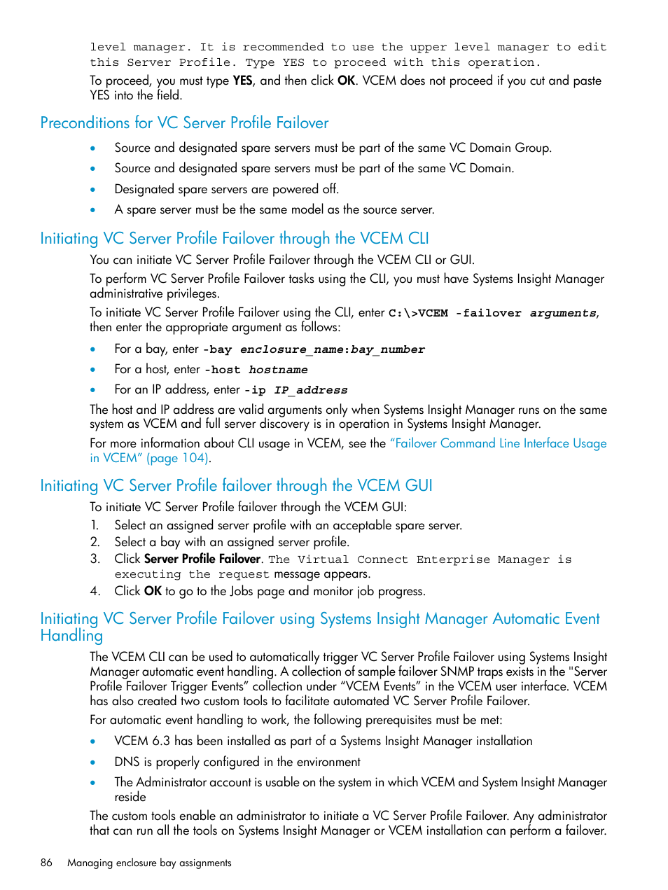 Preconditions for vc server profile failover | HP Virtual Connect Enterprise Manager Software User Manual | Page 86 / 136