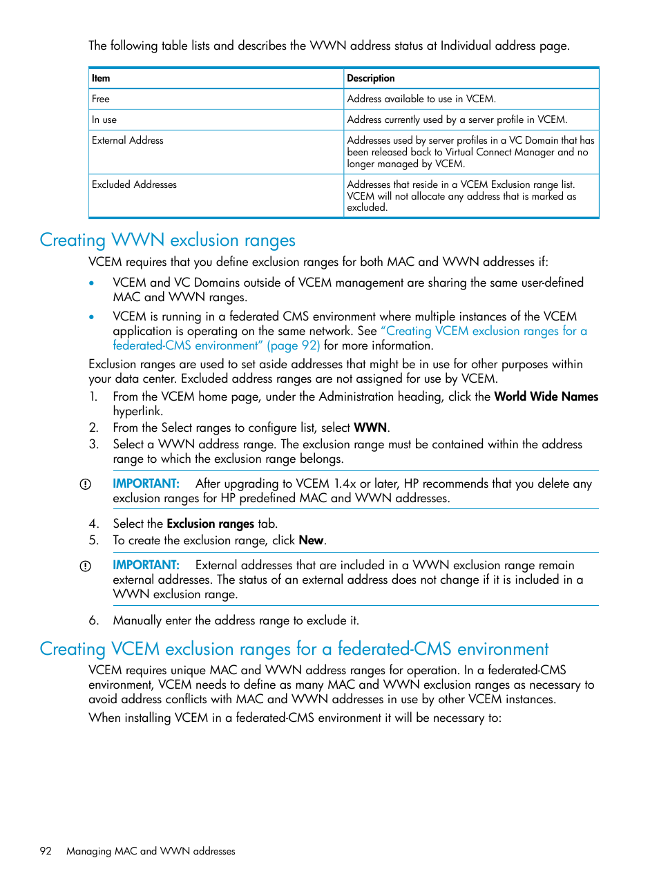 Creating wwn exclusion ranges, Creating wwn | HP Virtual Connect Enterprise Manager Software User Manual | Page 92 / 136