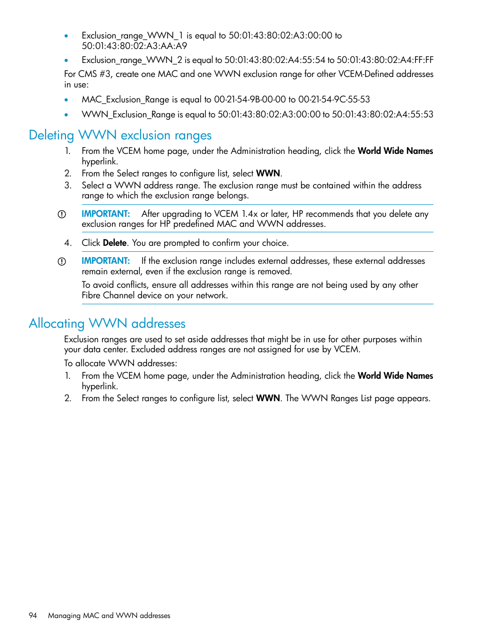 Deleting wwn exclusion ranges, Allocating wwn addresses | HP Virtual Connect Enterprise Manager Software User Manual | Page 94 / 136