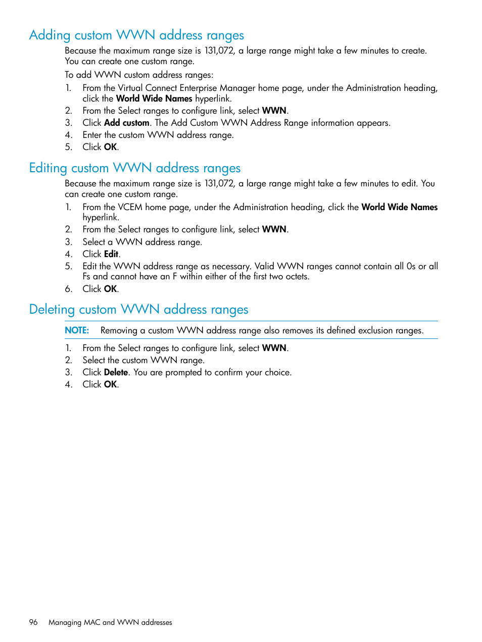 Adding custom wwn address ranges, Editing custom wwn address ranges, Deleting custom wwn address ranges | HP Virtual Connect Enterprise Manager Software User Manual | Page 96 / 136