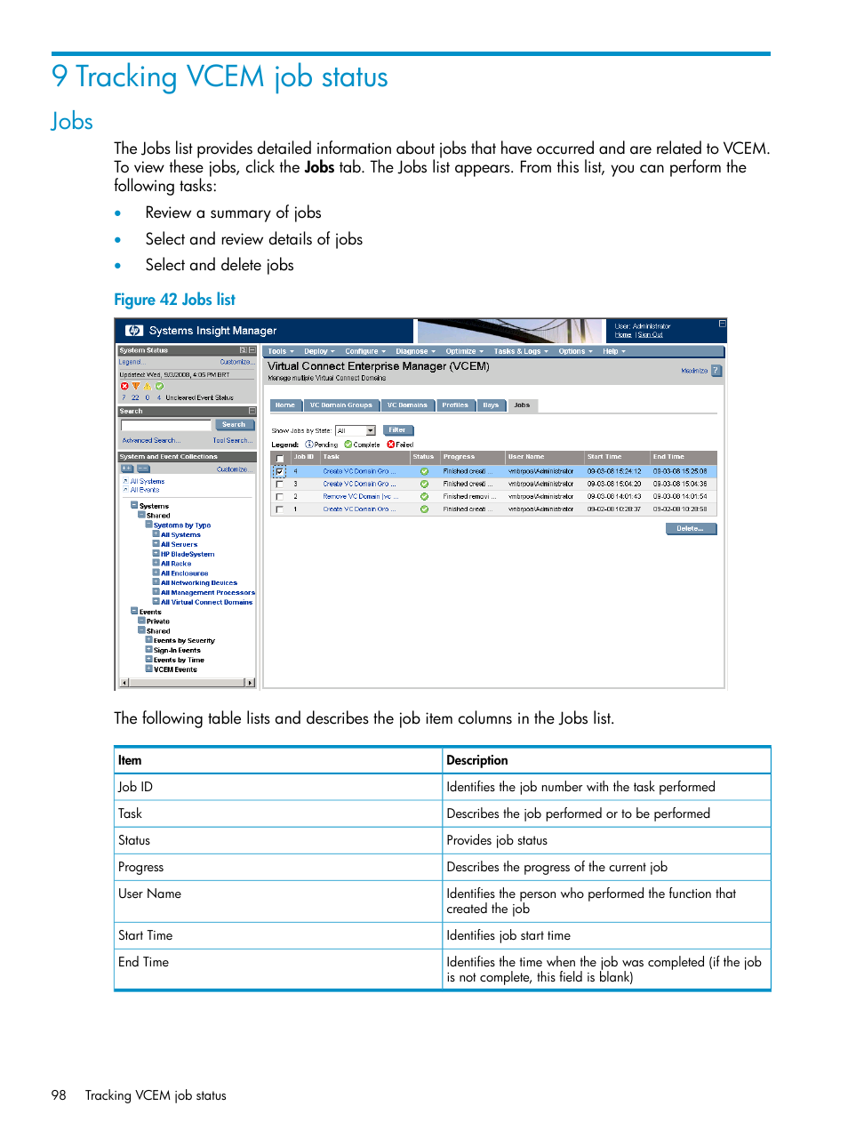 9 tracking vcem job status, Jobs | HP Virtual Connect Enterprise Manager Software User Manual | Page 98 / 136