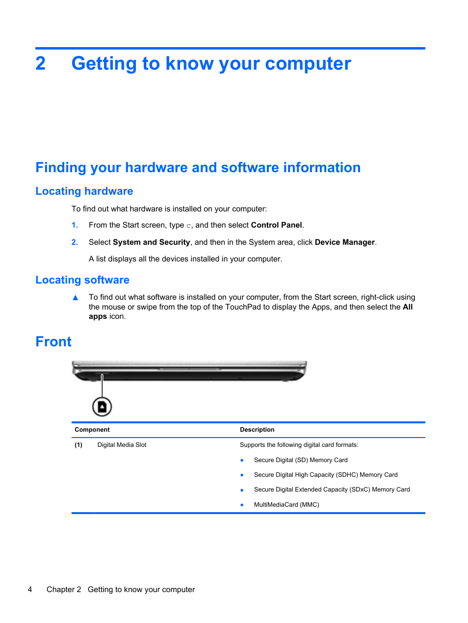 Getting to know your computer, Finding your hardware and software information, Locating hardware | Locating software, Front, 2 getting to know your computer, Locating hardware locating software, 2getting to know your computer | HP ENVY m4-1002xx Notebook PC User Manual | Page 14 / 99