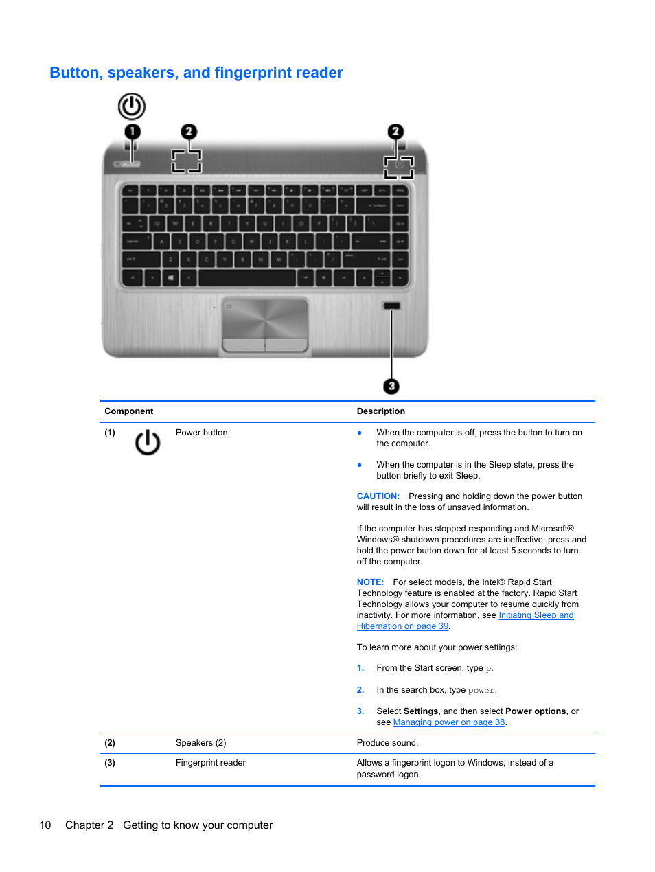 Button, speakers, and fingerprint reader, 10 chapter 2 getting to know your computer | HP ENVY m4-1002xx Notebook PC User Manual | Page 20 / 99