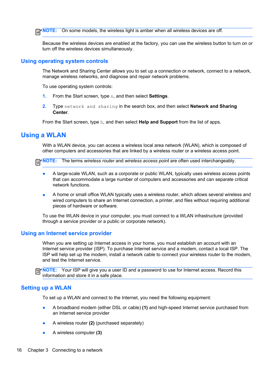 Using operating system controls, Using a wlan, Using an internet service provider | Setting up a wlan | HP ENVY m4-1002xx Notebook PC User Manual | Page 26 / 99