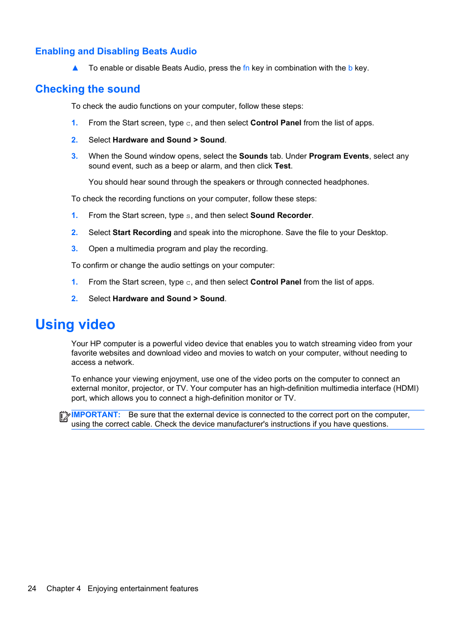 Enabling and disabling beats audio, Checking the sound, Using video | HP ENVY m4-1002xx Notebook PC User Manual | Page 34 / 99