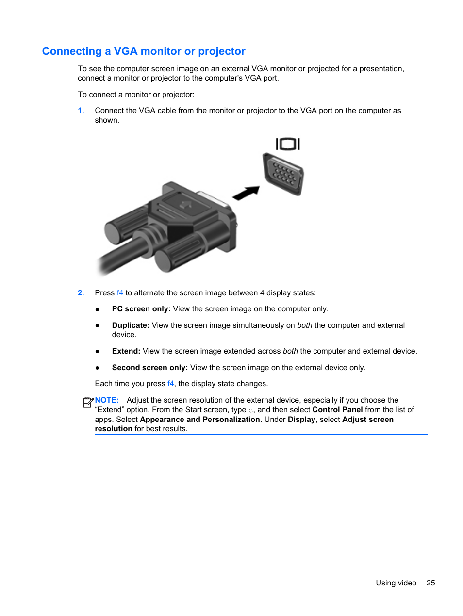 Connecting a vga monitor or projector | HP ENVY m4-1002xx Notebook PC User Manual | Page 35 / 99