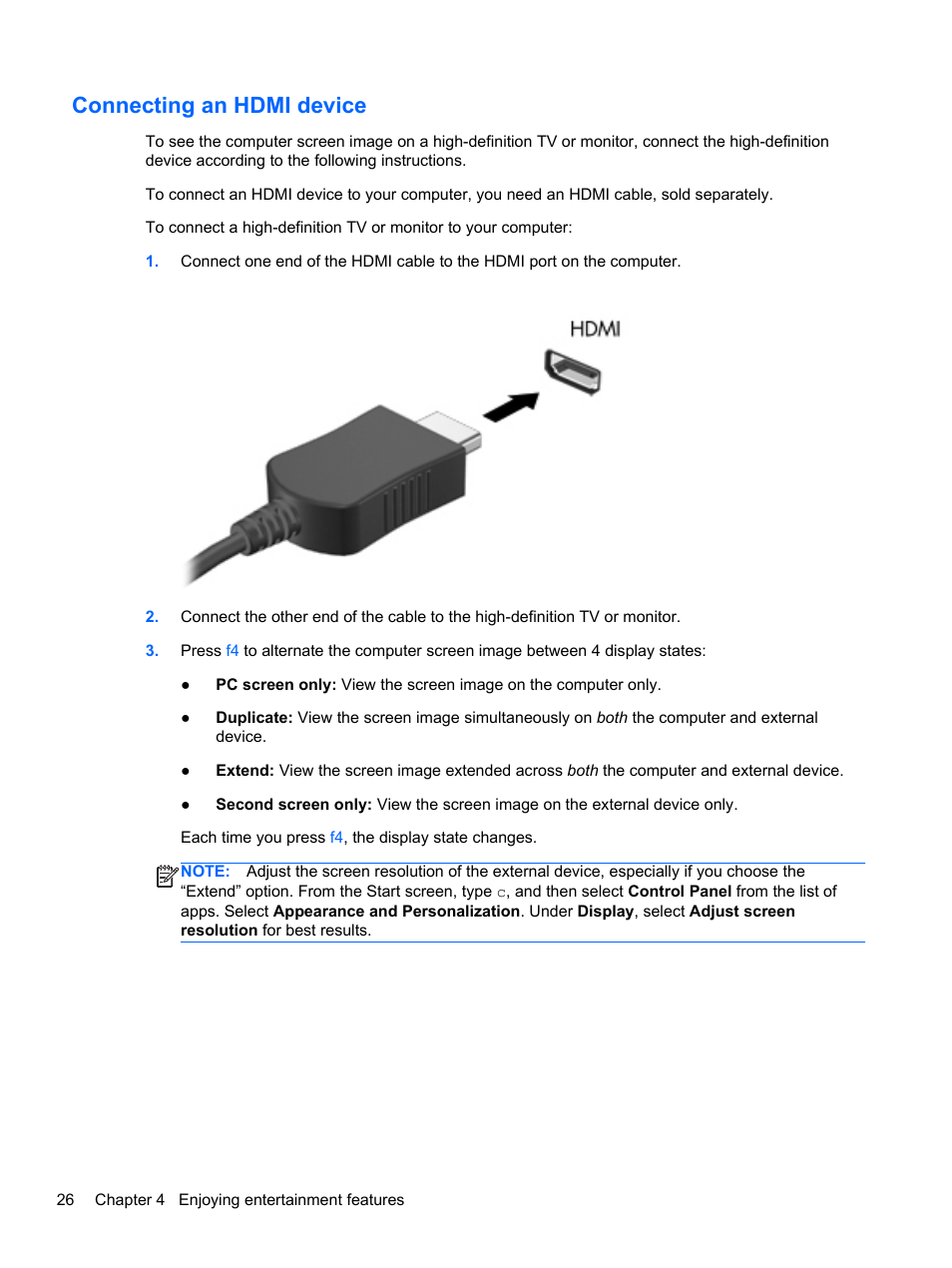 Connecting an hdmi device, Connecting an | HP ENVY m4-1002xx Notebook PC User Manual | Page 36 / 99