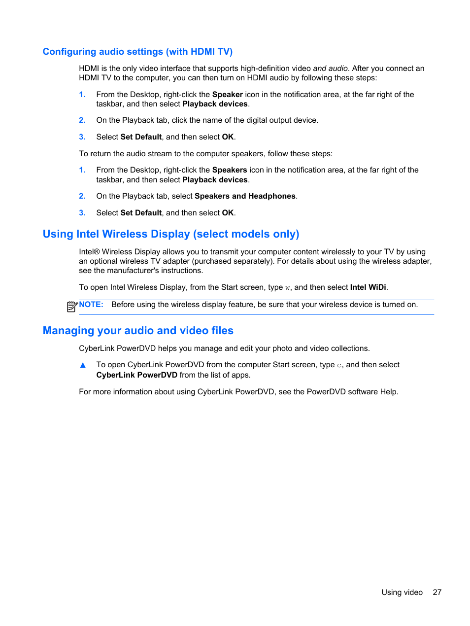 Configuring audio settings (with hdmi tv), Using intel wireless display (select models only), Managing your audio and video files | HP ENVY m4-1002xx Notebook PC User Manual | Page 37 / 99