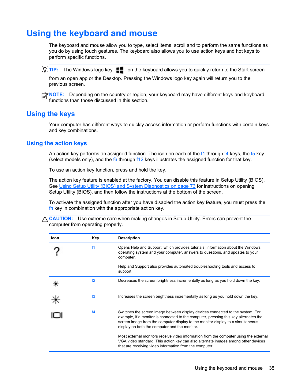 Using the keyboard and mouse, Using the keys, Using the action keys | HP ENVY m4-1002xx Notebook PC User Manual | Page 45 / 99