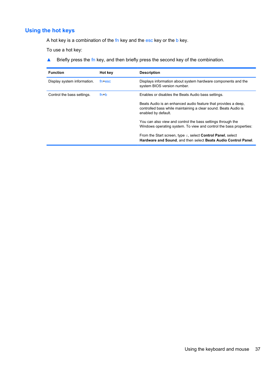 Using the hot keys | HP ENVY m4-1002xx Notebook PC User Manual | Page 47 / 99