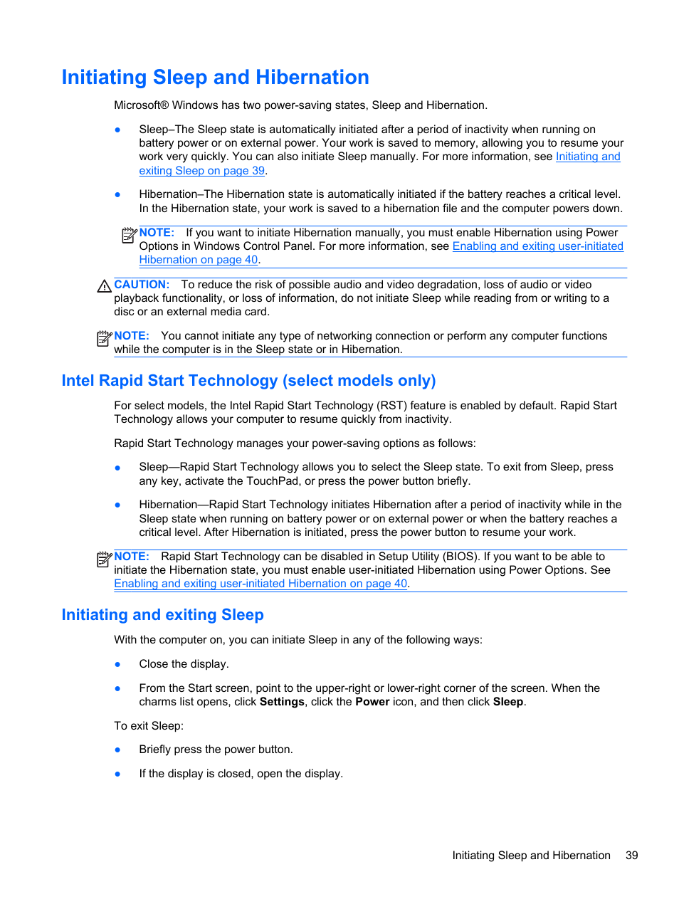 Initiating sleep and hibernation, Intel rapid start technology (select models only), Initiating and exiting sleep | Initiating sleep and | HP ENVY m4-1002xx Notebook PC User Manual | Page 49 / 99