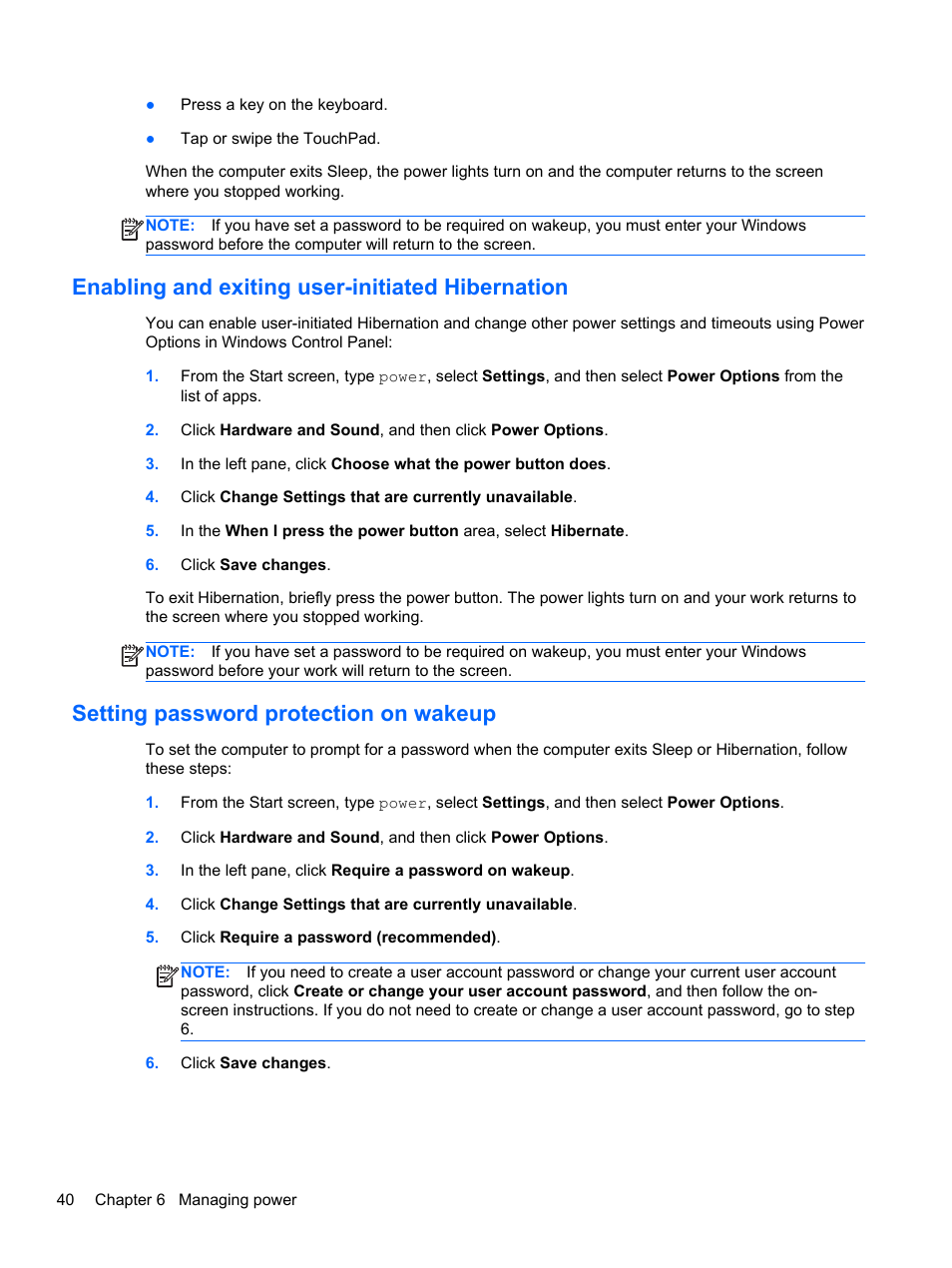 Enabling and exiting user-initiated hibernation, Setting password protection on wakeup, Enabling and exiting user-initiated | HP ENVY m4-1002xx Notebook PC User Manual | Page 50 / 99