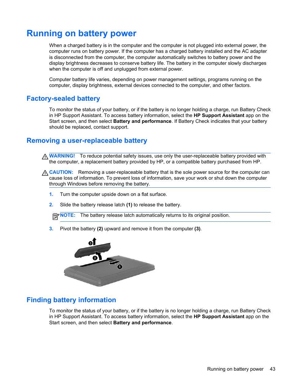 Running on battery power, Factory-sealed battery, Removing a user-replaceable battery | Finding battery information | HP ENVY m4-1002xx Notebook PC User Manual | Page 53 / 99