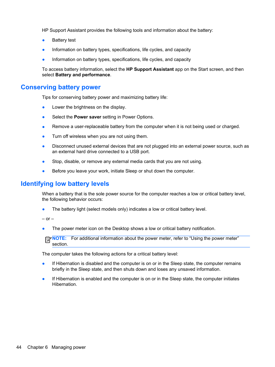 Conserving battery power, Identifying low battery levels | HP ENVY m4-1002xx Notebook PC User Manual | Page 54 / 99