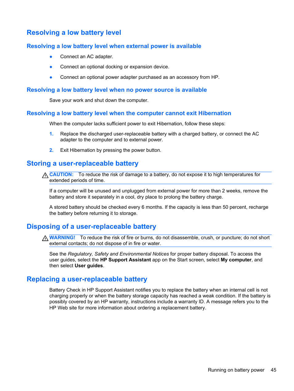 Resolving a low battery level, Storing a user-replaceable battery, Disposing of a user-replaceable battery | Replacing a user-replaceable battery | HP ENVY m4-1002xx Notebook PC User Manual | Page 55 / 99