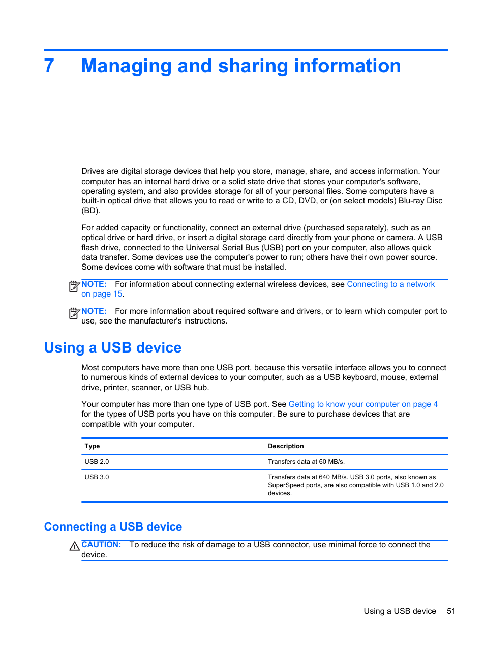 Managing and sharing information, Using a usb device, Connecting a usb device | 7 managing and sharing information, 7managing and sharing information | HP ENVY m4-1002xx Notebook PC User Manual | Page 61 / 99