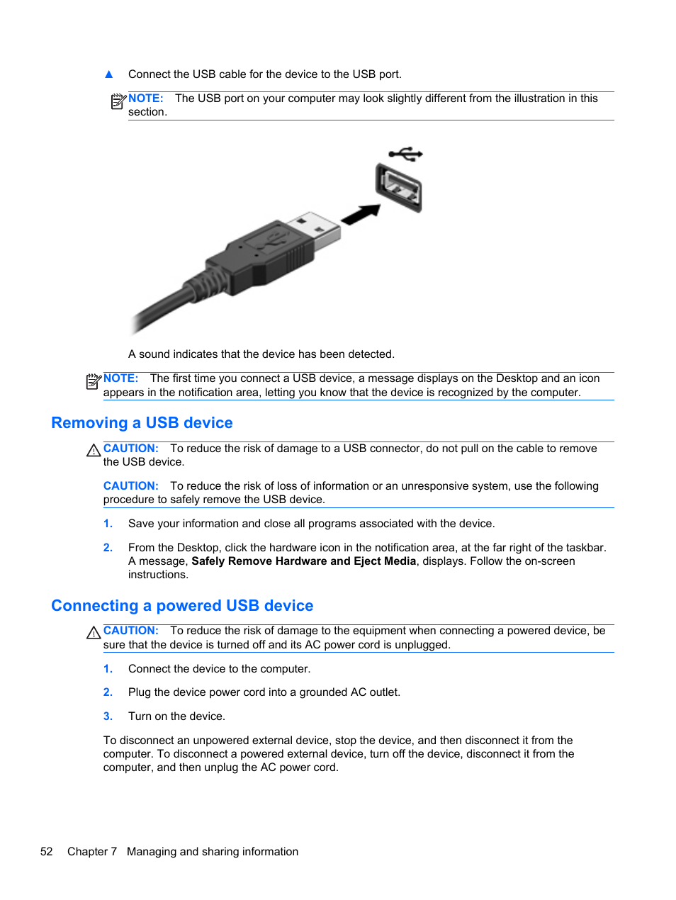 Removing a usb device, Connecting a powered usb device | HP ENVY m4-1002xx Notebook PC User Manual | Page 62 / 99