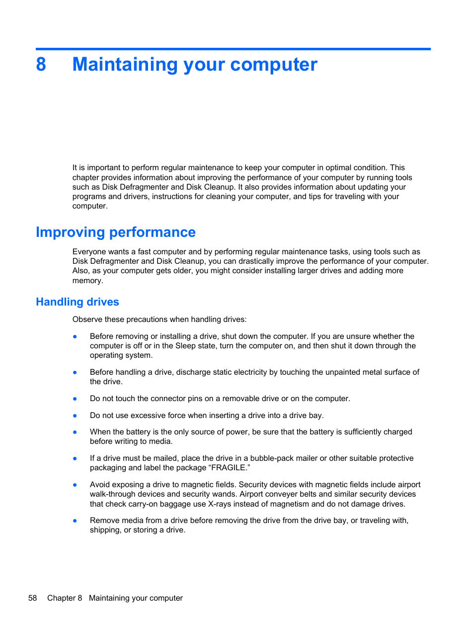 Maintaining your computer, Improving performance, Handling drives | 8 maintaining your computer, 8maintaining your computer | HP ENVY m4-1002xx Notebook PC User Manual | Page 68 / 99