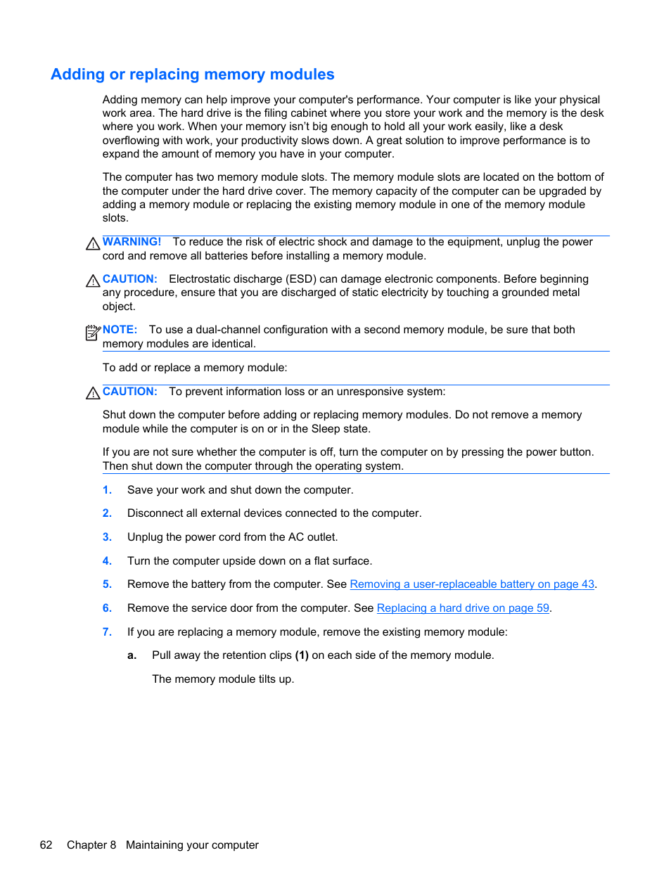Adding or replacing memory modules | HP ENVY m4-1002xx Notebook PC User Manual | Page 72 / 99