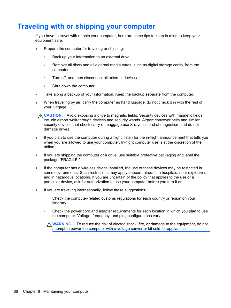 Traveling with or shipping your computer | HP ENVY m4-1002xx Notebook PC User Manual | Page 76 / 99