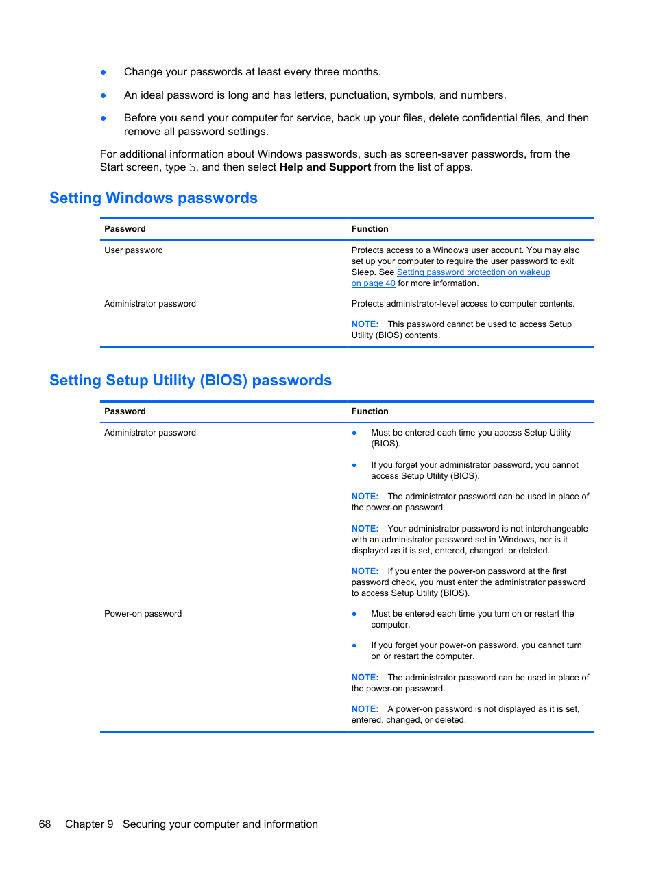 Setting windows passwords, Setting setup utility (bios) passwords | HP ENVY m4-1002xx Notebook PC User Manual | Page 78 / 99