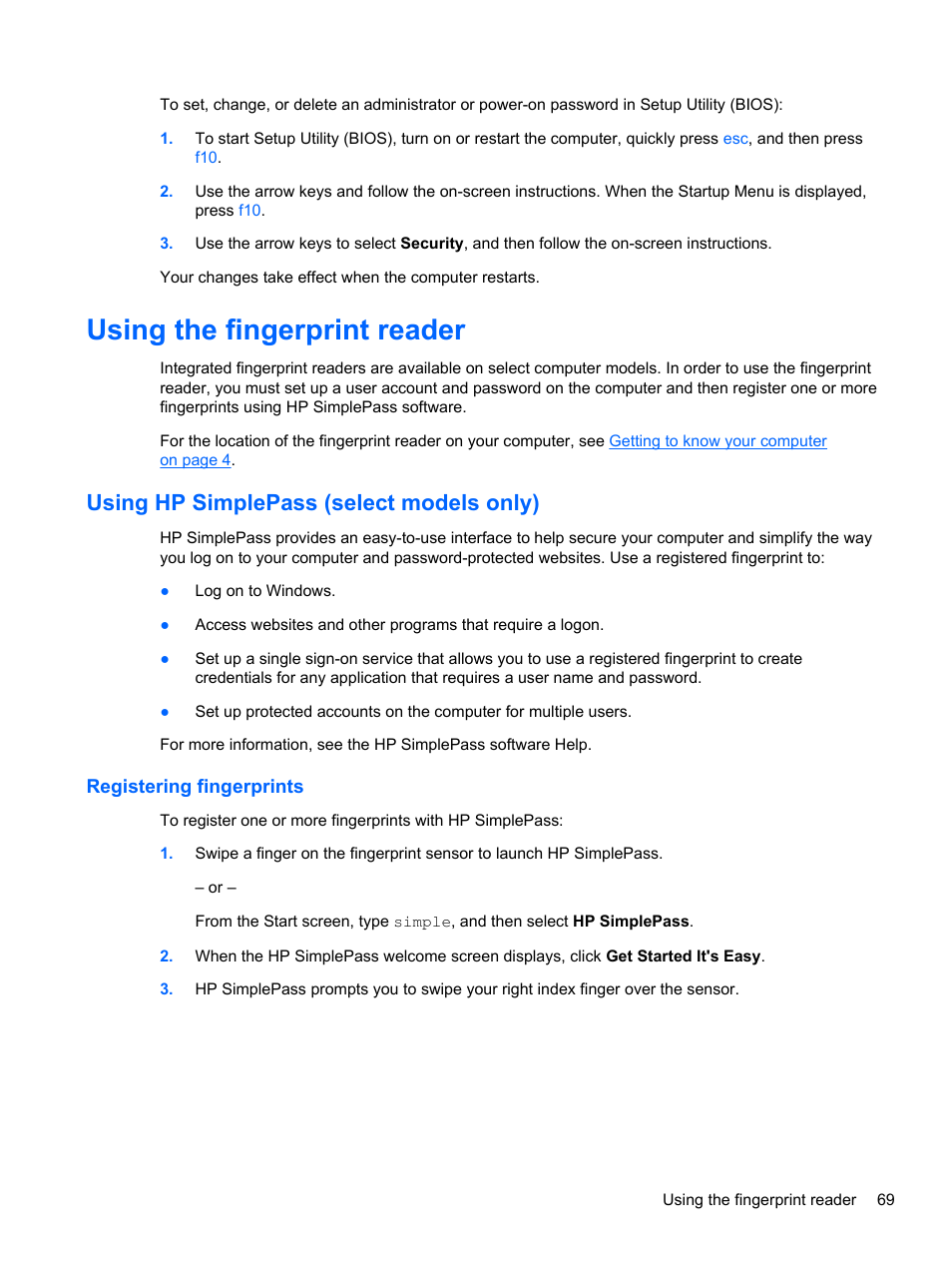 Using the fingerprint reader, Using hp simplepass (select models only), Registering fingerprints | HP ENVY m4-1002xx Notebook PC User Manual | Page 79 / 99