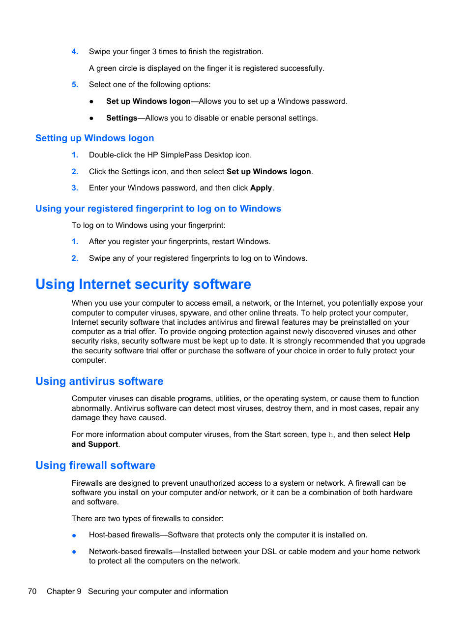 Setting up windows logon, Using internet security software, Using antivirus software | Using firewall software, Using antivirus software using firewall software | HP ENVY m4-1002xx Notebook PC User Manual | Page 80 / 99