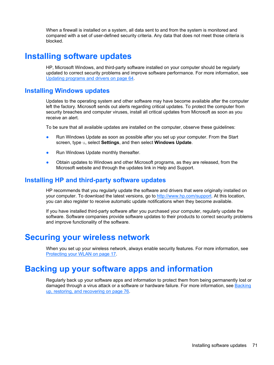 Installing software updates, Installing windows updates, Installing hp and third-party software updates | Securing your wireless network, Backing up your software apps and information | HP ENVY m4-1002xx Notebook PC User Manual | Page 81 / 99