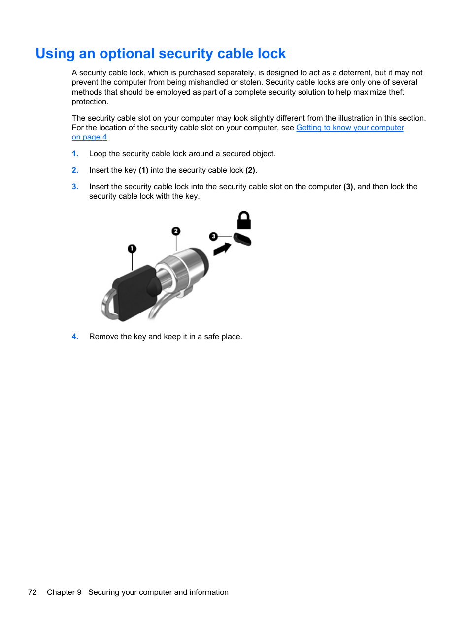 Using an optional security cable lock | HP ENVY m4-1002xx Notebook PC User Manual | Page 82 / 99