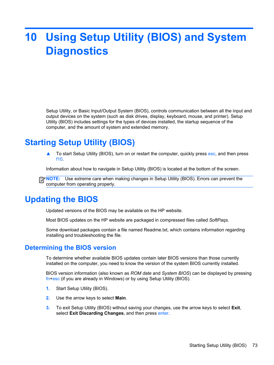 Using setup utility (bios) and system diagnostics, Starting setup utility (bios), Updating the bios | Determining the bios version, Starting setup utility (bios) updating the bios | HP ENVY m4-1002xx Notebook PC User Manual | Page 83 / 99