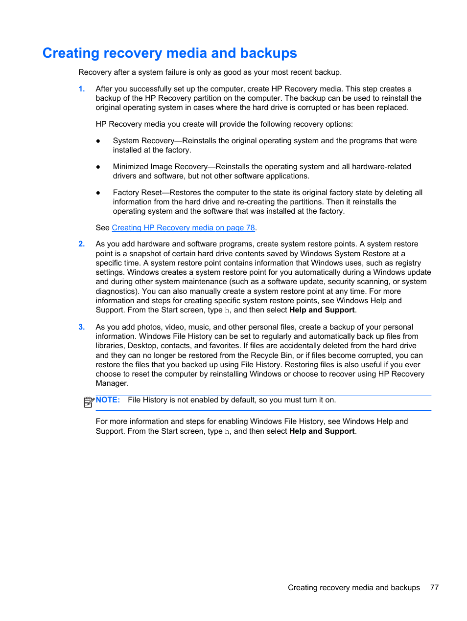 Creating recovery media and backups | HP ENVY m4-1002xx Notebook PC User Manual | Page 87 / 99