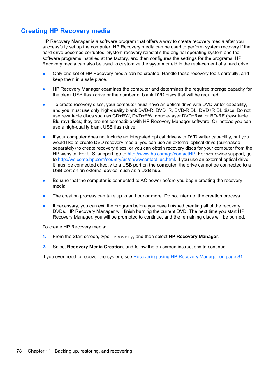 Creating hp recovery media | HP ENVY m4-1002xx Notebook PC User Manual | Page 88 / 99