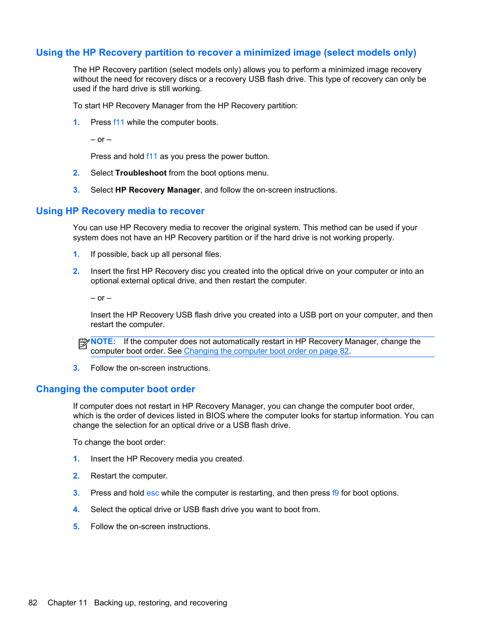 Using hp recovery media to recover, Changing the computer boot order | HP ENVY m4-1002xx Notebook PC User Manual | Page 92 / 99