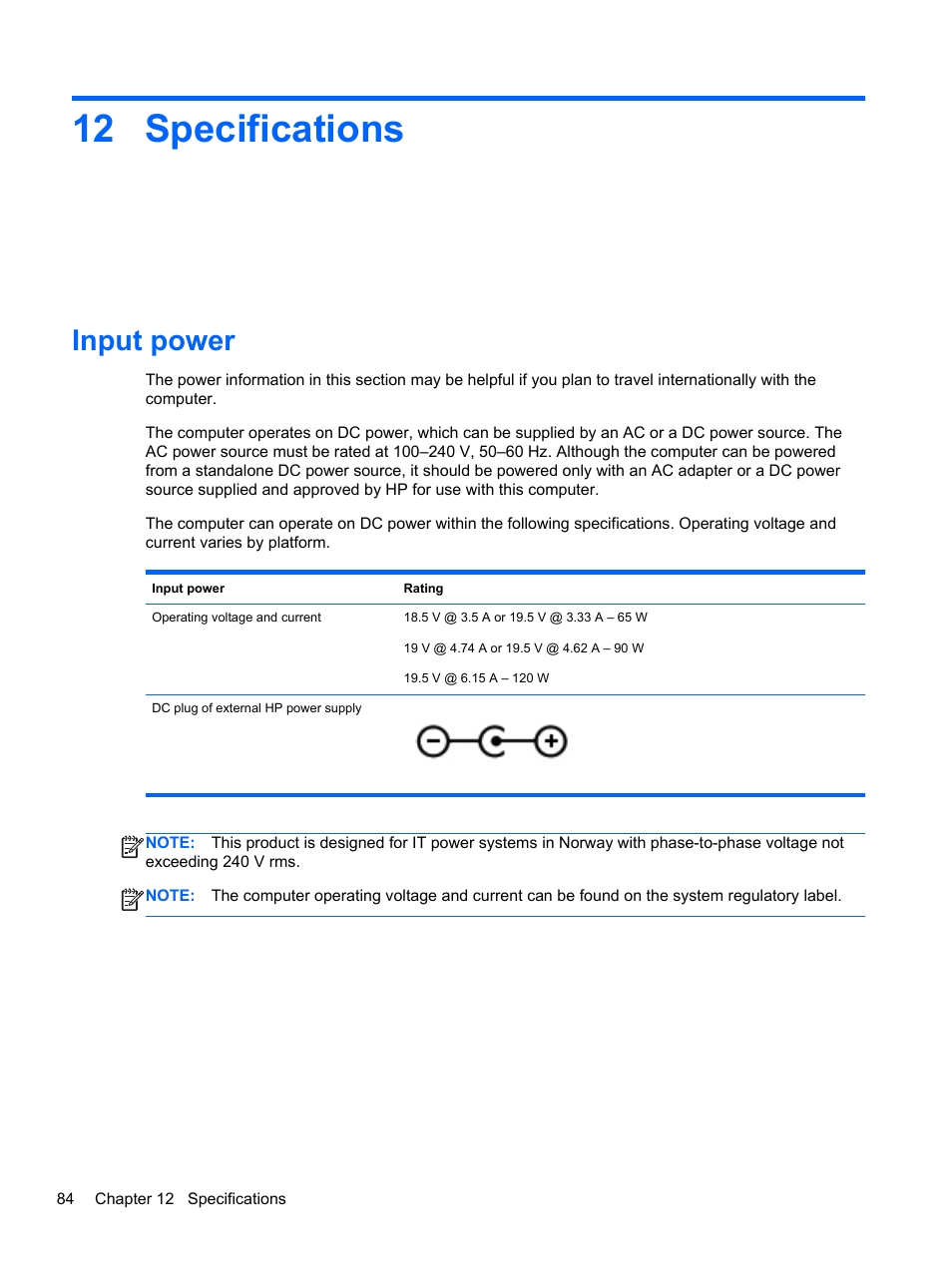Specifications, Input power, 12 specifications | HP ENVY m4-1002xx Notebook PC User Manual | Page 94 / 99