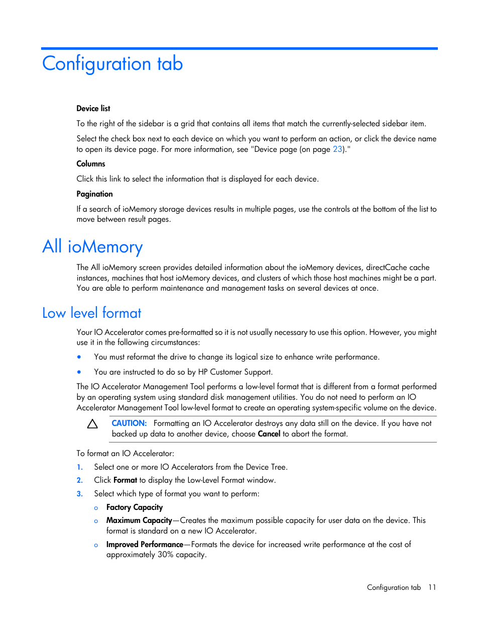 Configuration tab, All iomemory, Low level format | HP IO Accelerator for BladeSystem c-Class User Manual | Page 11 / 42