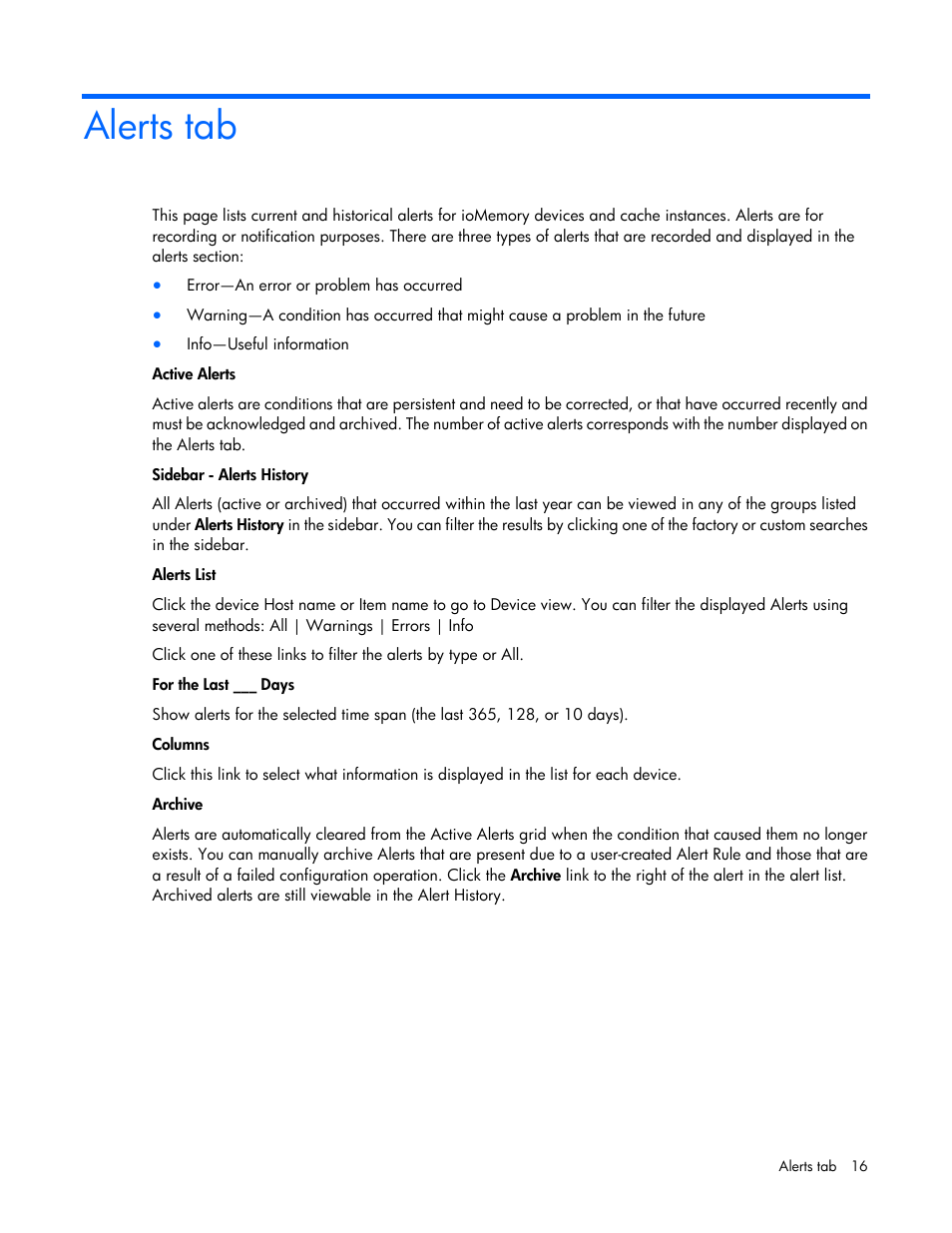 Alerts tab | HP IO Accelerator for BladeSystem c-Class User Manual | Page 16 / 42