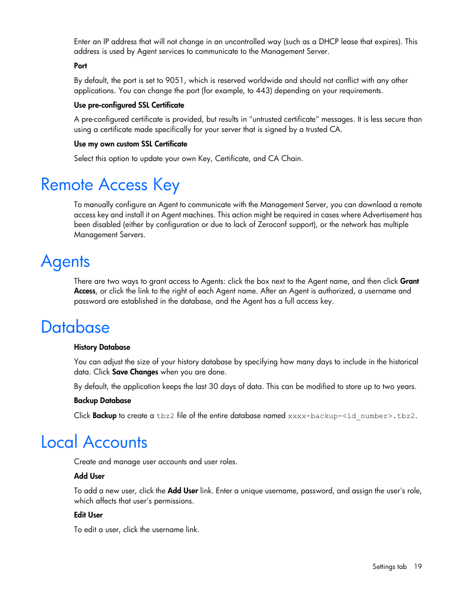 Remote access key, Agents, Database | Local accounts | HP IO Accelerator for BladeSystem c-Class User Manual | Page 19 / 42