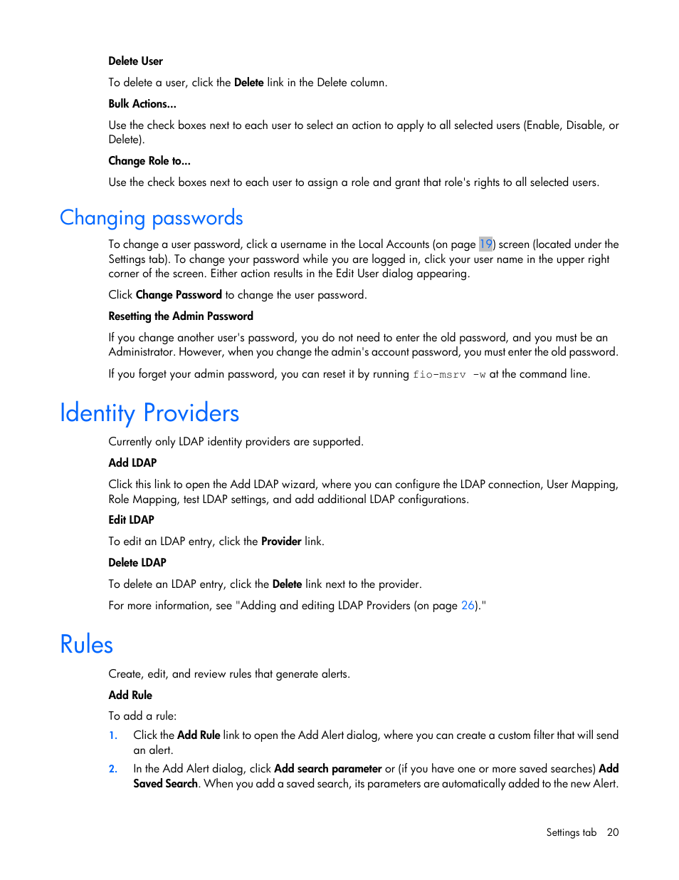 Changing passwords, Identity providers, Rules | HP IO Accelerator for BladeSystem c-Class User Manual | Page 20 / 42