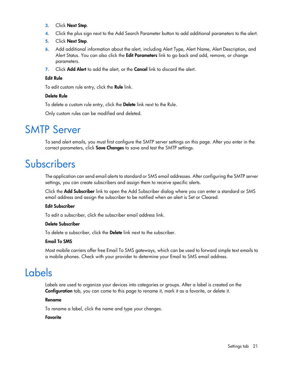 Smtp server, Subscribers, Labels | HP IO Accelerator for BladeSystem c-Class User Manual | Page 21 / 42