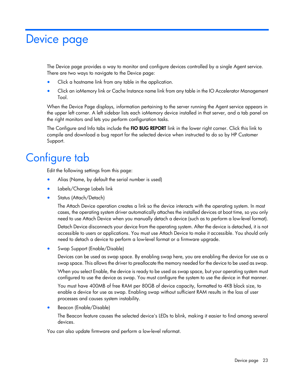 Configure tab, Device page | HP IO Accelerator for BladeSystem c-Class User Manual | Page 23 / 42