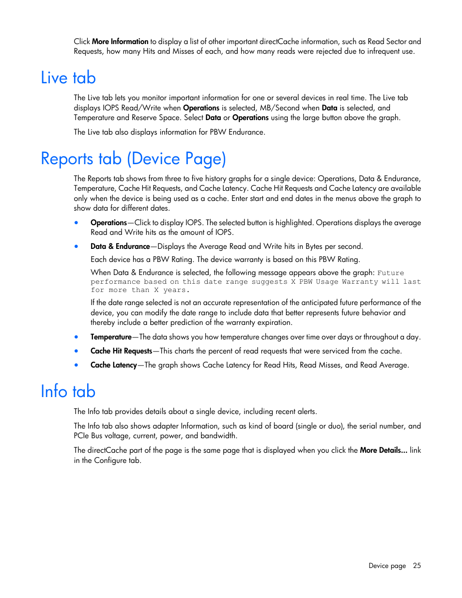 Live tab, Info tab, Reports tab (device page) | HP IO Accelerator for BladeSystem c-Class User Manual | Page 25 / 42