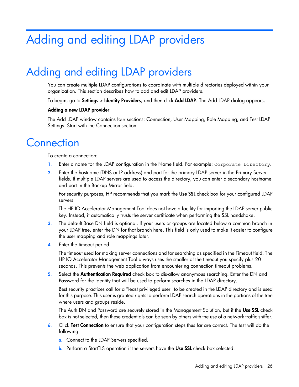 Adding and editing ldap providers, Connection | HP IO Accelerator for BladeSystem c-Class User Manual | Page 26 / 42