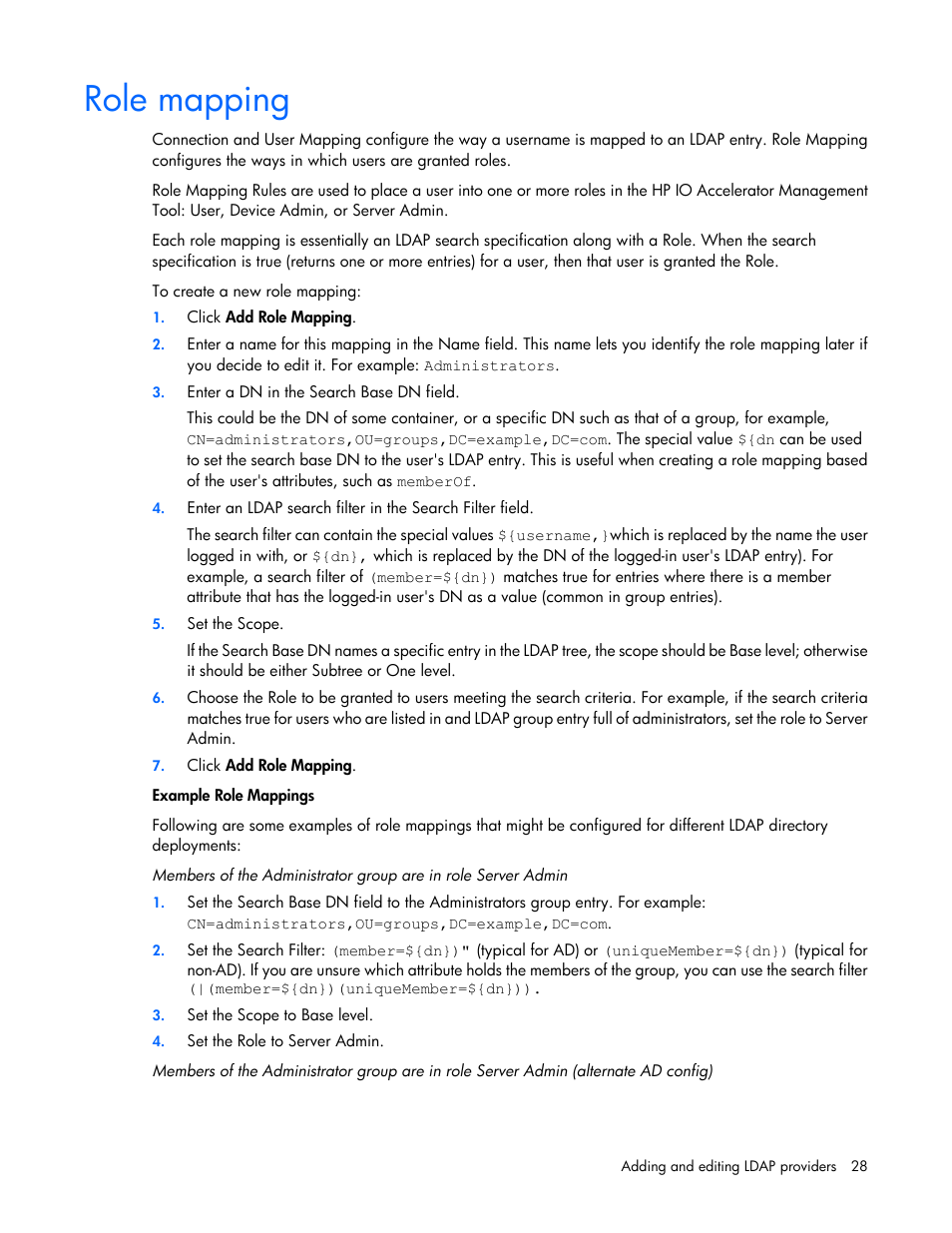 Role mapping | HP IO Accelerator for BladeSystem c-Class User Manual | Page 28 / 42