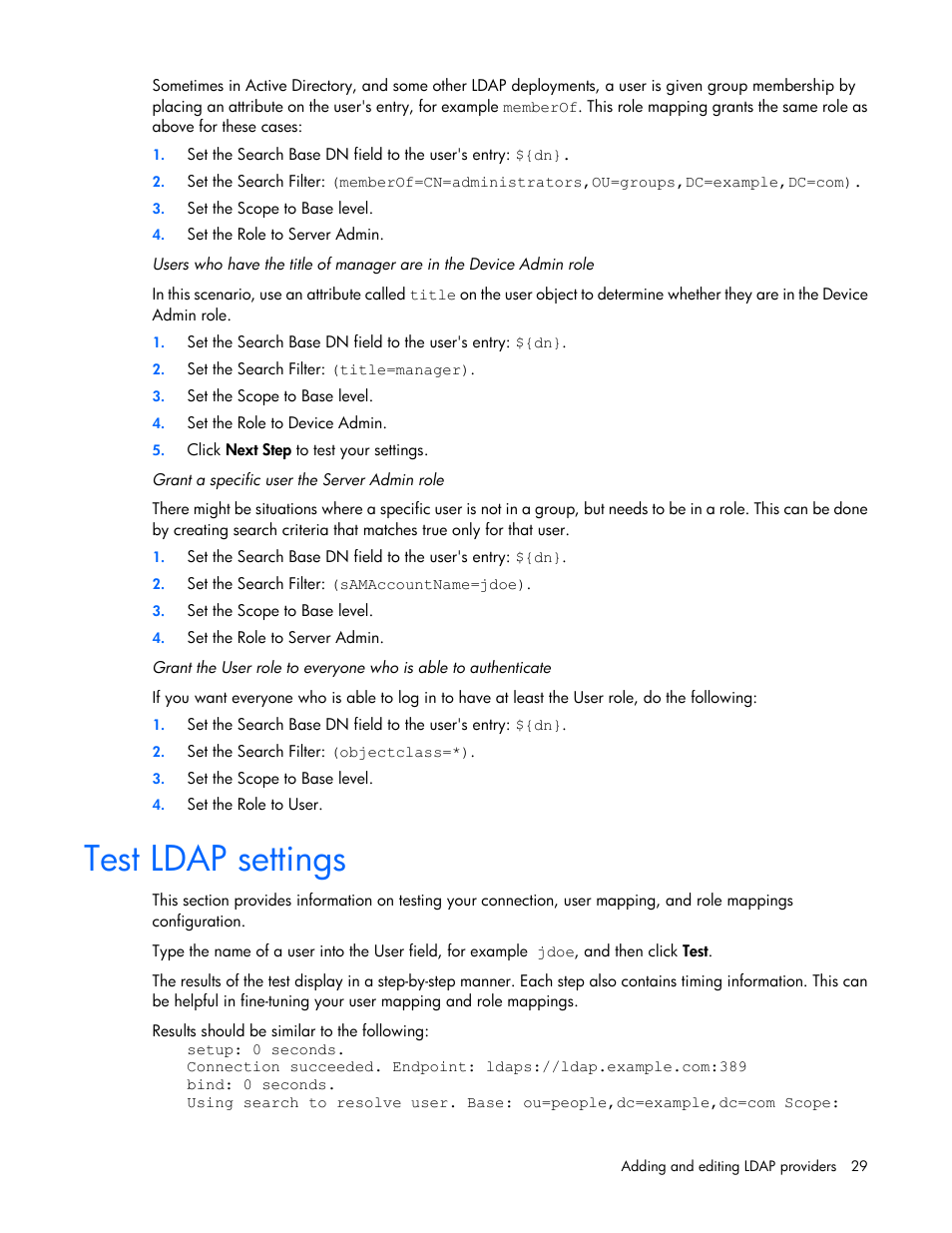 Test ldap settings | HP IO Accelerator for BladeSystem c-Class User Manual | Page 29 / 42