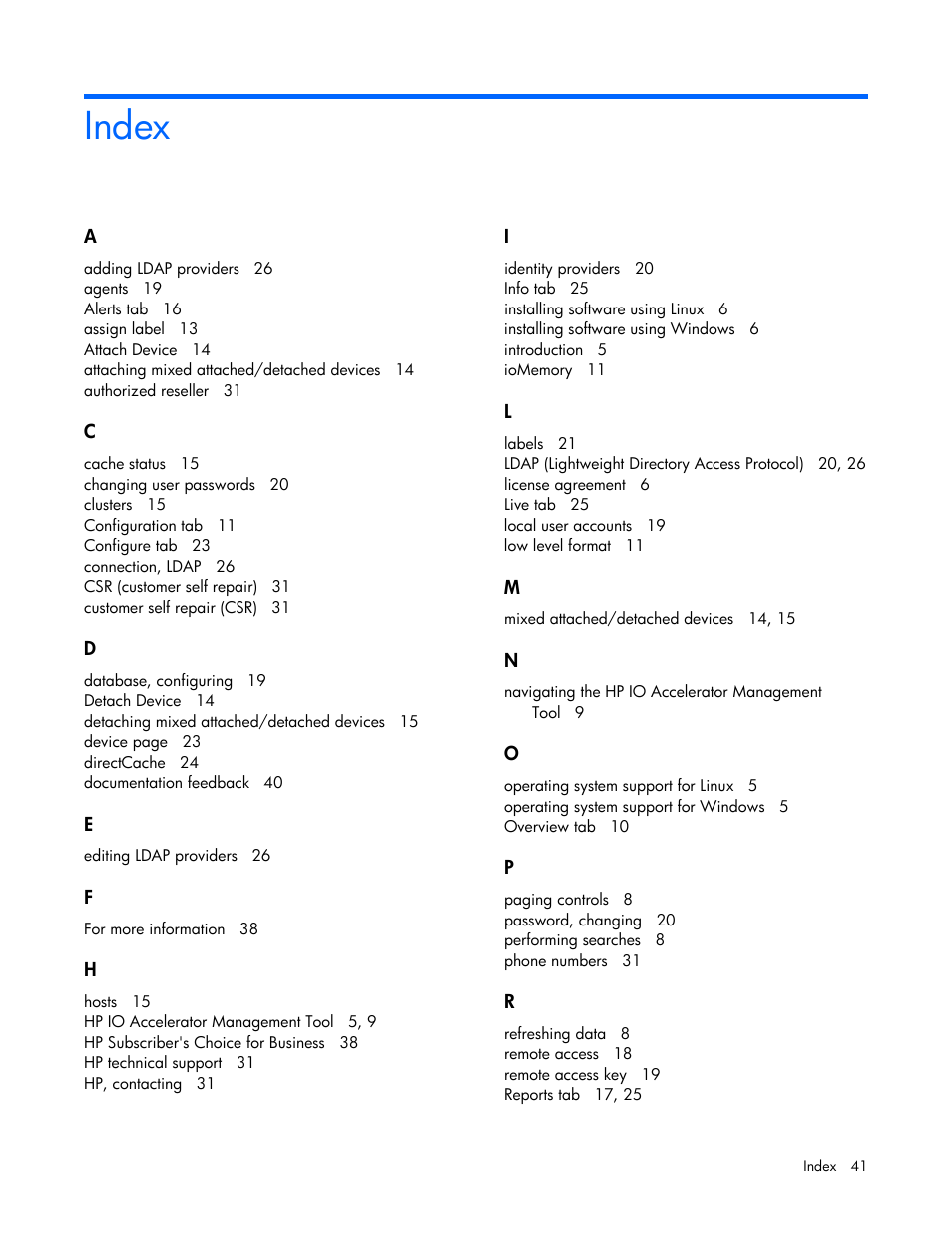 Index | HP IO Accelerator for BladeSystem c-Class User Manual | Page 41 / 42