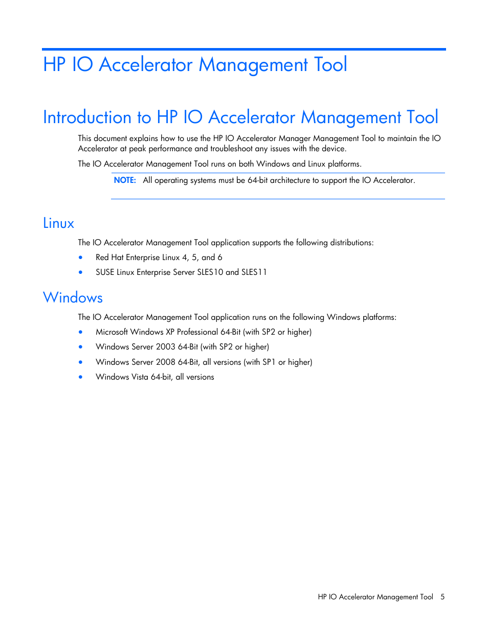 Hp io accelerator management tool, Introduction to hp io accelerator management tool, Linux | Windows | HP IO Accelerator for BladeSystem c-Class User Manual | Page 5 / 42