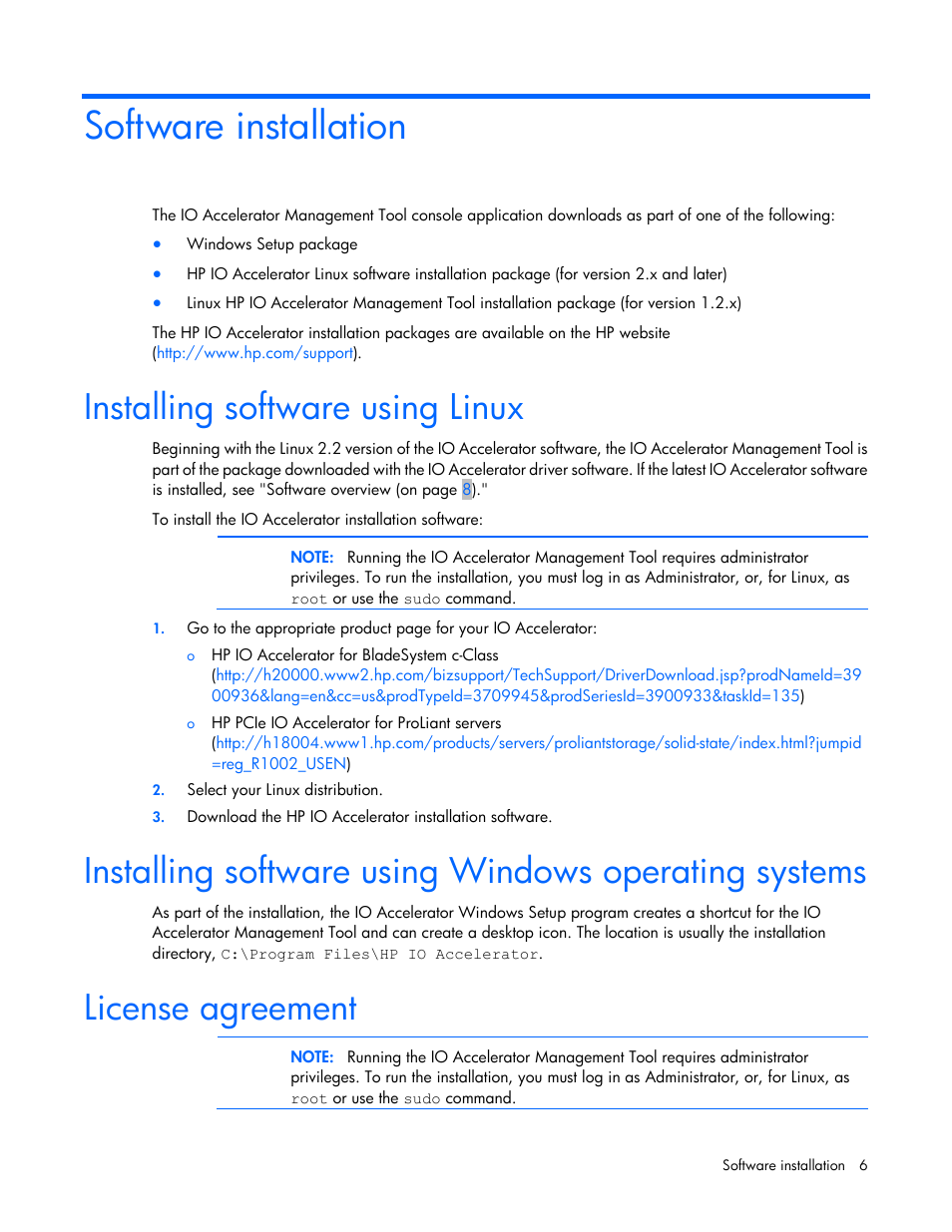 Software installation, Installing software using linux, License agreement | HP IO Accelerator for BladeSystem c-Class User Manual | Page 6 / 42
